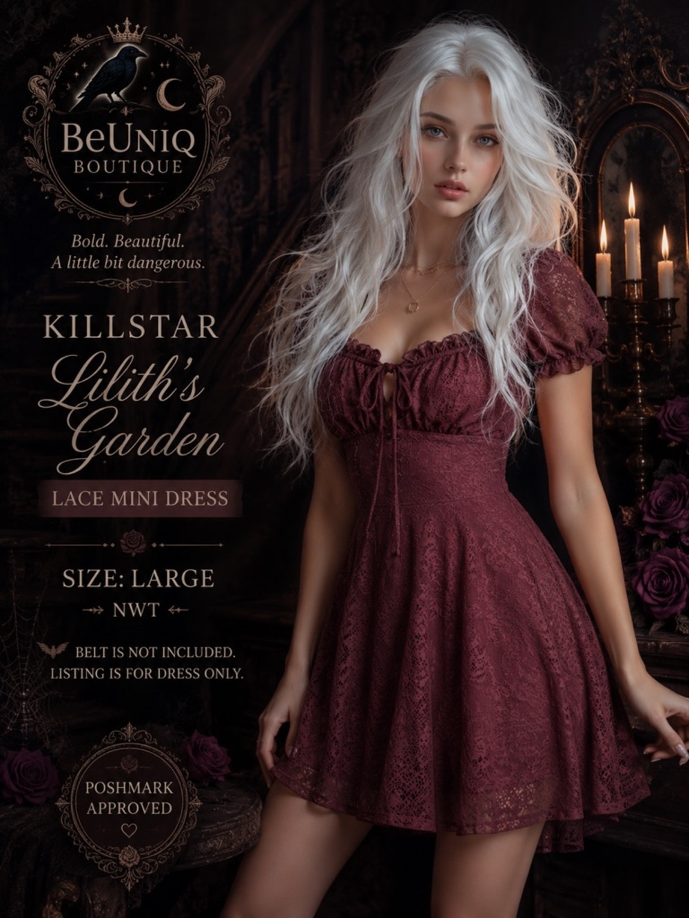 Killstar Lilith’s Garden Burgundy Lace Mini Dress NWT Size Large Goth Witchy